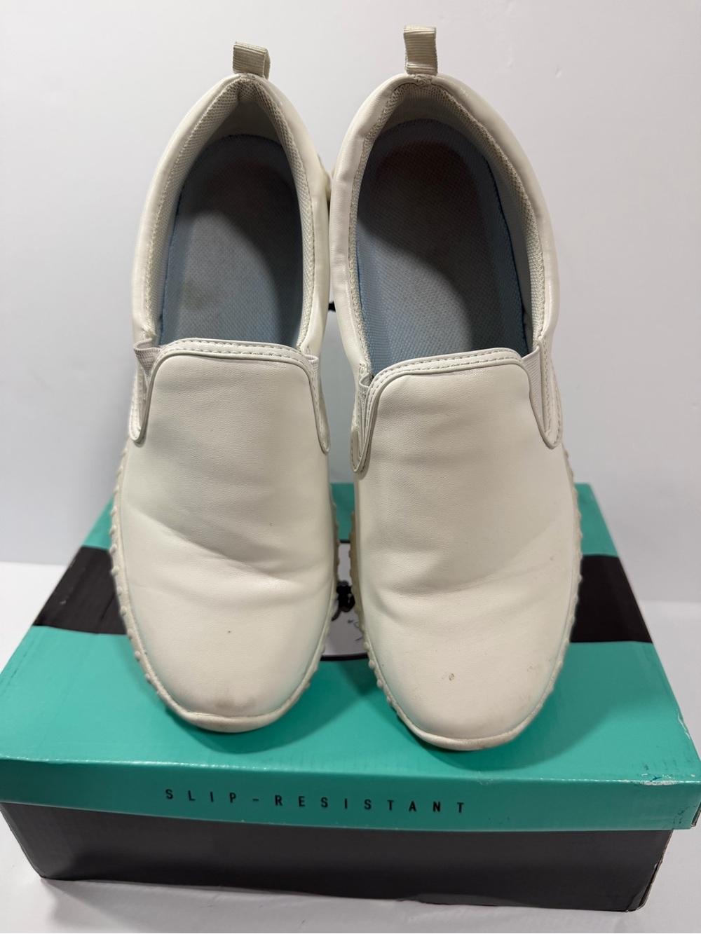 Savvy White Slip-On Sneakers with Teal Box - Picture 6 of 9